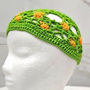 Free People Open Knit Crochet Skull Cap Beanie Hat Green w Orange Flowers